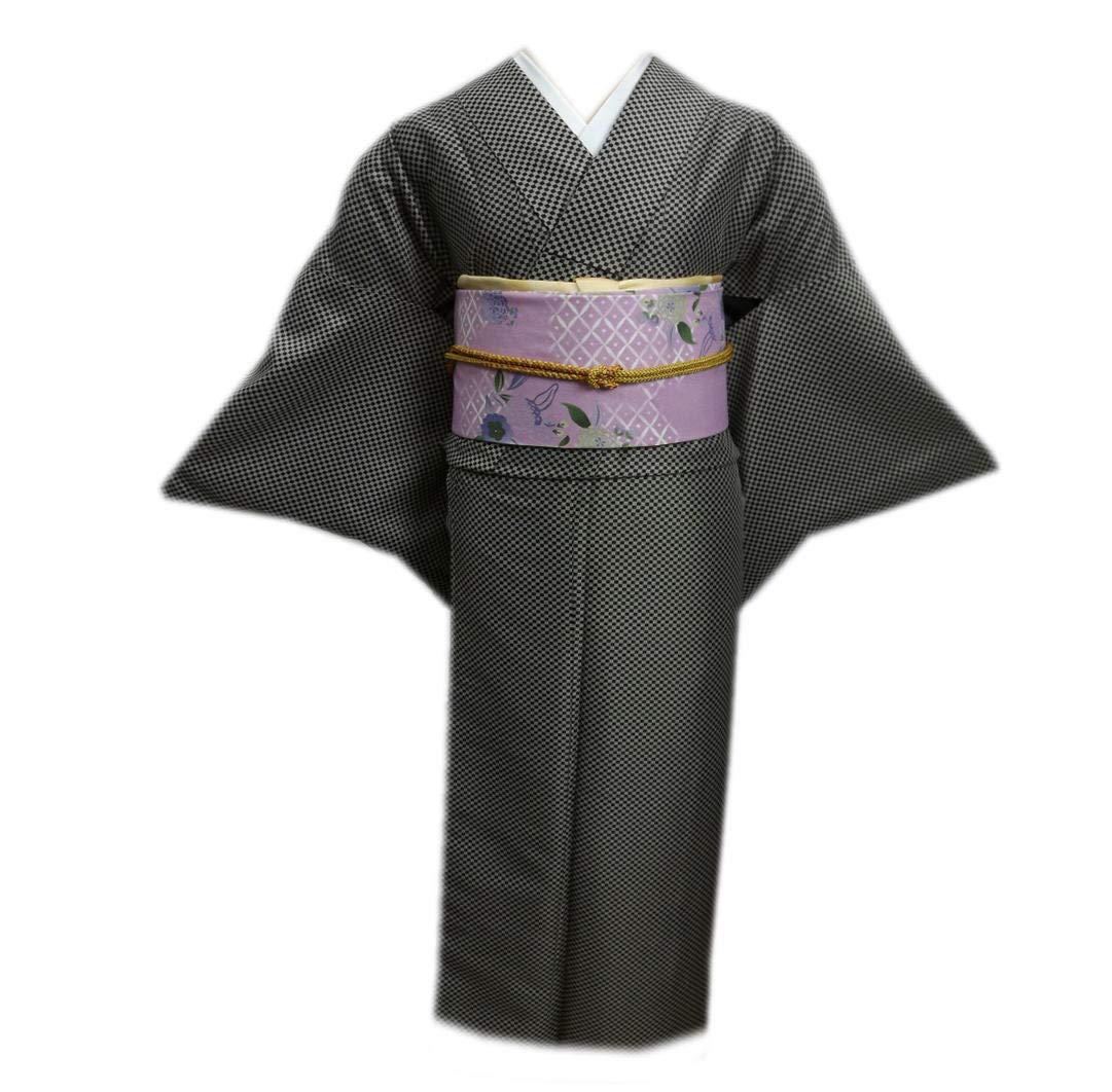 グレーの小紋着物と帯セット SOUBIEN 帯揚げ レース 着物 カジュアル 浴衣 オフホワイト
